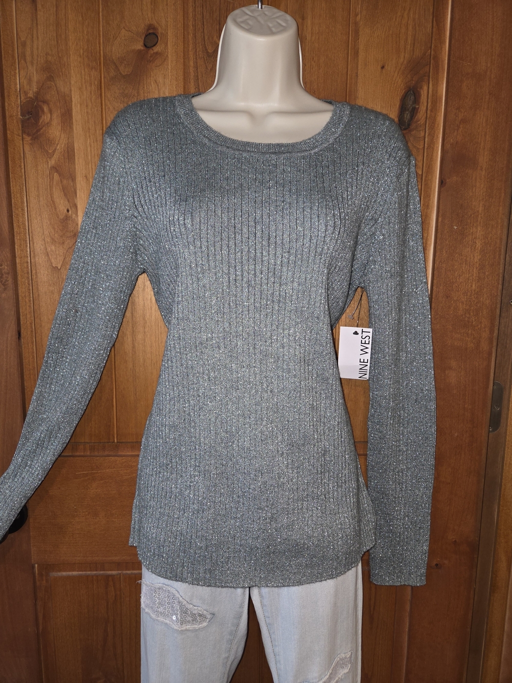 Nine West Women's Metallic Ribbed Crewneck Sweater - Sage Green